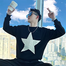 美式复古小众星星长袖t恤男女秋季ins潮牌高街圆领卫衣情侣装，男装T恤，星座506A