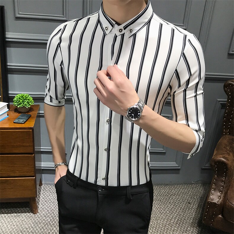 LT489-型男潮扣领休闲中袖衬衫夜店风修身七分袖衬衣,男装衬衫,星座717A