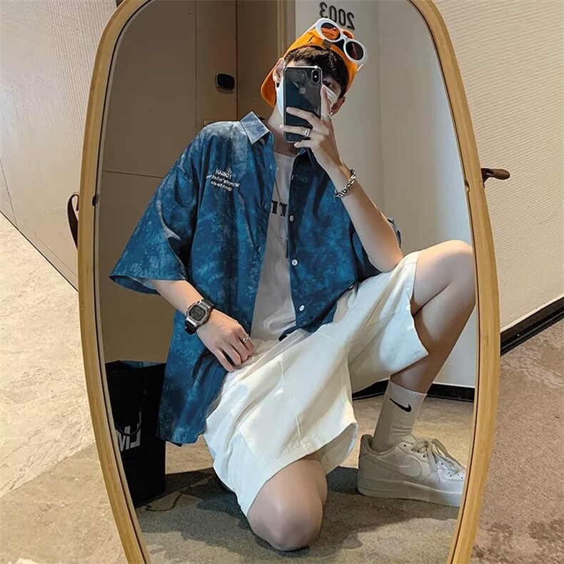 扎染衬衫五分袖男士外套bf风青少年潮流M328-P30,男装衬衫,星座1109-3