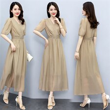 高级感天丝连衣裙女2024夏季新款气质妈妈收腰显瘦高腰薄款a字裙，女装连衣裙，关键词