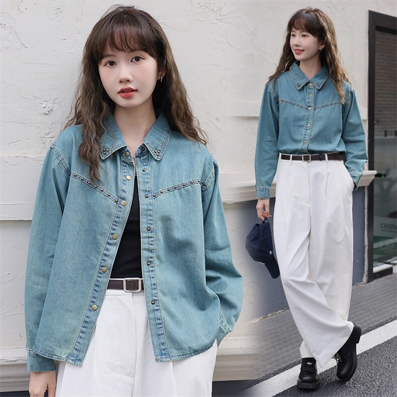 现货可推2024秋装新款镶嵌铆钉水洗柔软牛仔外套气质宽松衬衫女，女装牛仔外套，时尚风爆