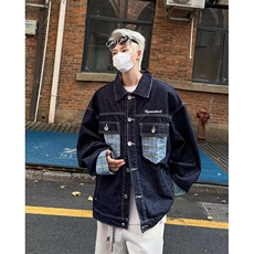CL9825-P72格子拼接牛仔外套男秋冬季撞色情侣潮牌翻领工装夹克，男装夹克，电商C233
