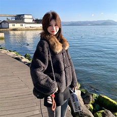 时髦复古大毛领保暖羊羔毛外套冬新款流行洋气短款皮毛一体，女装皮草，纯色衣恋