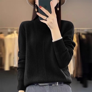 一线成衣100%羊毛衫女半高领提花亮丝针织毛衣宽松打底羊绒衫上衣图片