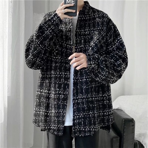 外套男潮牌衬衣宽松秋季高街夹克情侣装格子编织毛呢衬衫JKD213图片