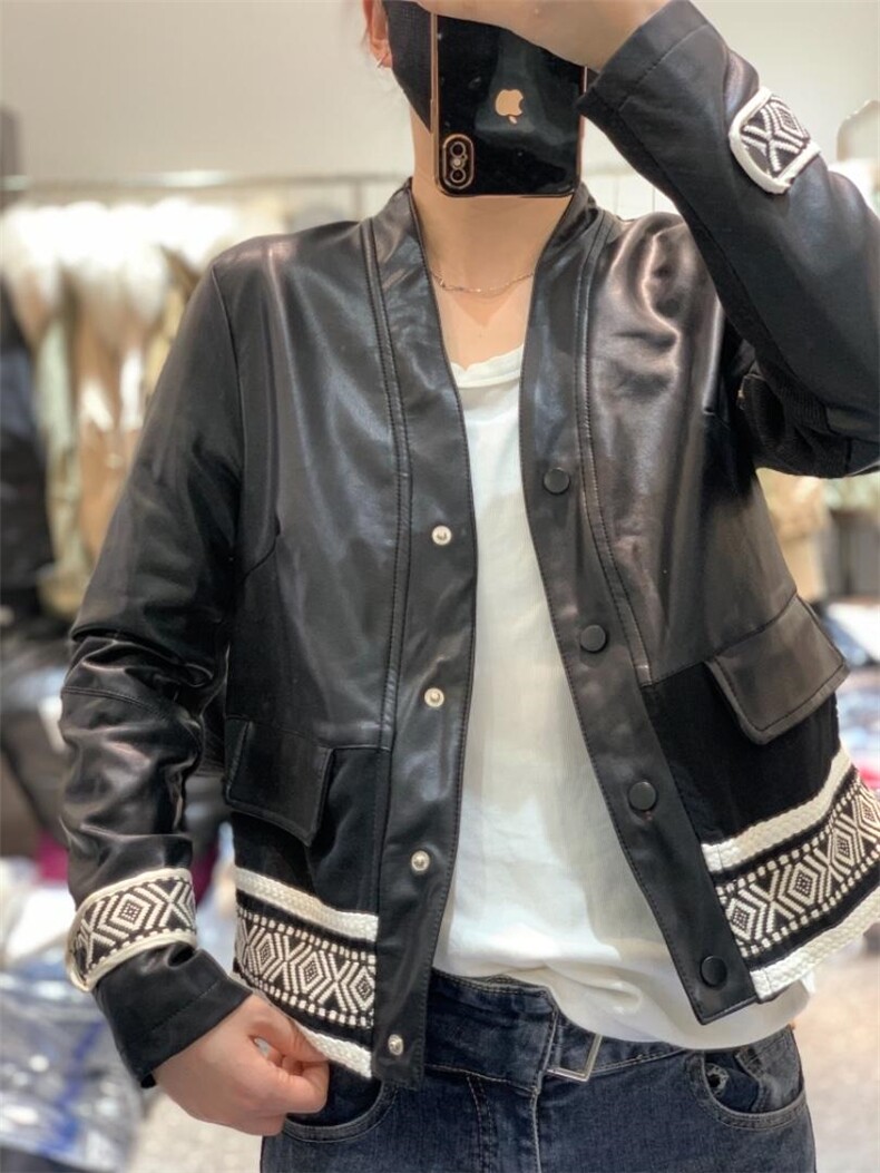 春季新款对称口袋帅气外套长袖皮衣,女装皮衣,L·H·X