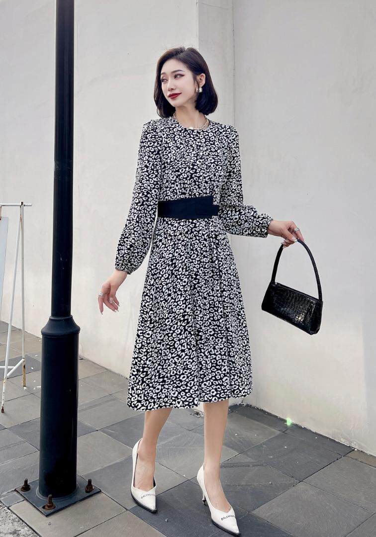 撞色腰带连衣裙，女装连衣裙，迪蔓君翔