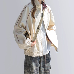 款号JK751-P60!新款美式格子撞色拼接宽松立领休闲夹克图片