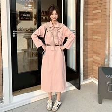 《新款新品》长袖收腰显瘦条纹披肩配腰带衬衣领休闲连衣裙，女装连衣裙，唛多