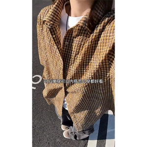 泡泡纱细格子衬衫男女秋季美式格纹长袖复古上衣cleanfit衬衣外套