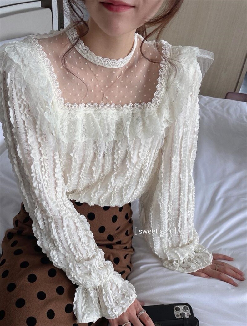 波浪花边蕾丝拼网纱上衣，其它，新袖