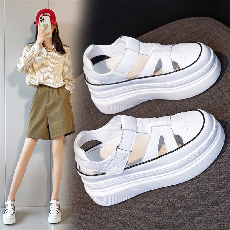 真皮罗马凉鞋女2024夏新款外穿厚底镂空猪笼鞋女内增高凉鞋小白鞋，女鞋凉鞋，电商A223