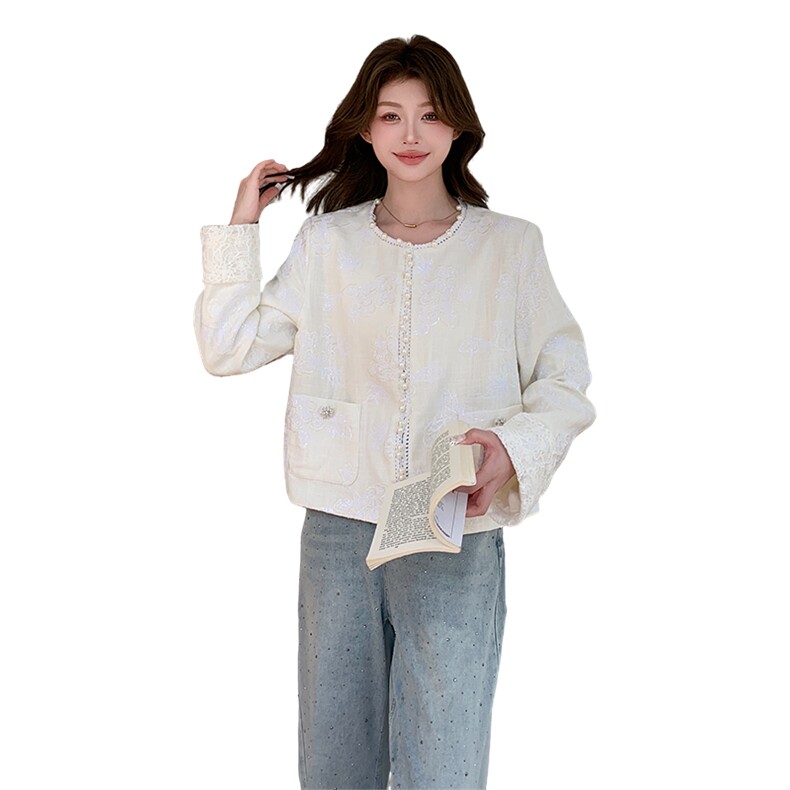 新中式刺绣亮片苎麻短外套女2025春季新款重工蕾丝钩花小香风上衣,女装短外套,浙宝208A