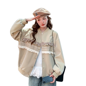 米咖色蕾丝花边棒球服短外套女2025春秋季新款小香风显瘦夹克上衣图片