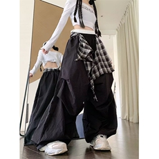 大码美式街头假两件拼接裙摆爵士舞运动裤女2026新款阔腿休闲裤子，女装休闲裤，星座601-1