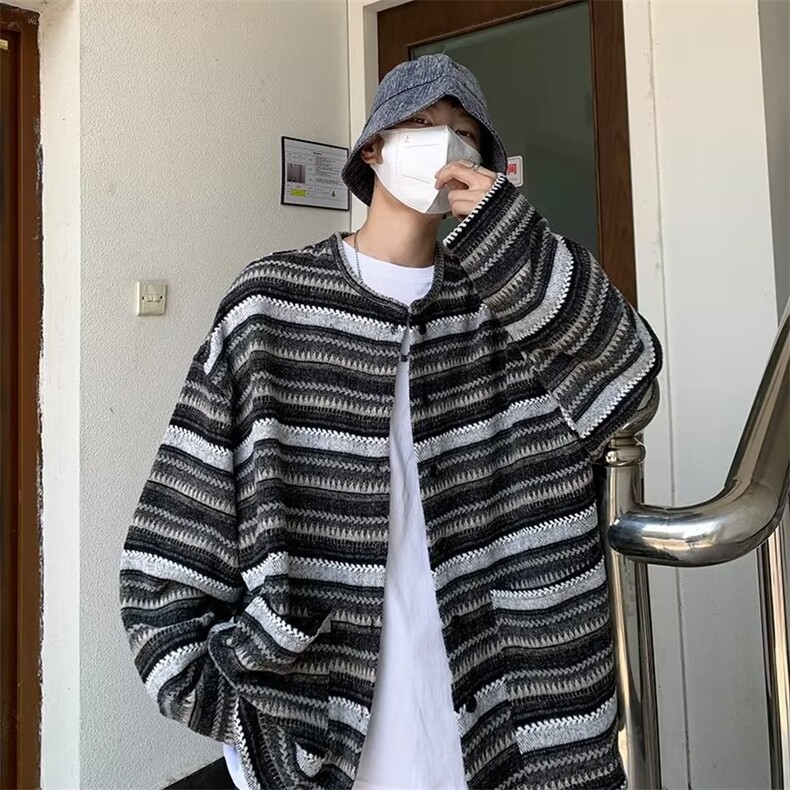 港风文艺复古高级感设计条纹拼接毛衣男情侣个性夹克外套Y193P50,男装针织衫/毛衣,星座1116-2