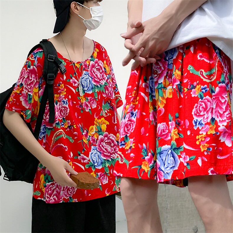 TZ2008男士夏季圆领短袖短裤人棉东北大花布透气凉爽套装大码男女图片