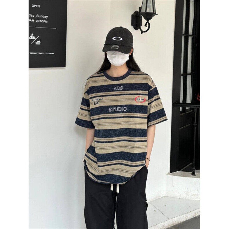 美式复古条纹短袖T恤男女夏季新款宽松休闲扎染上衣WLT800-P33,男装T恤,星座1008