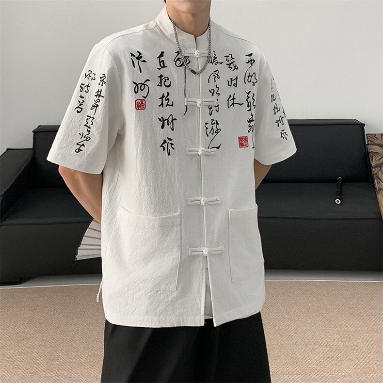 现货！新款书法刺绣复古盘扣五分袖立领开衫衬衫男T2881-P65,男装T恤,电商A021