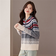 费尔岛撞色提花半拉链毛衣女秋冬慵懒高级感全羊毛针织衫外穿上衣，女装羊毛衫，艾米
