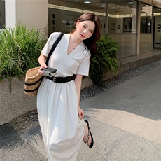 白色掐腰拼接连衣裙女夏新款温柔休闲气质女神范收腰显瘦长裙子，女装连衣裙，2C212
