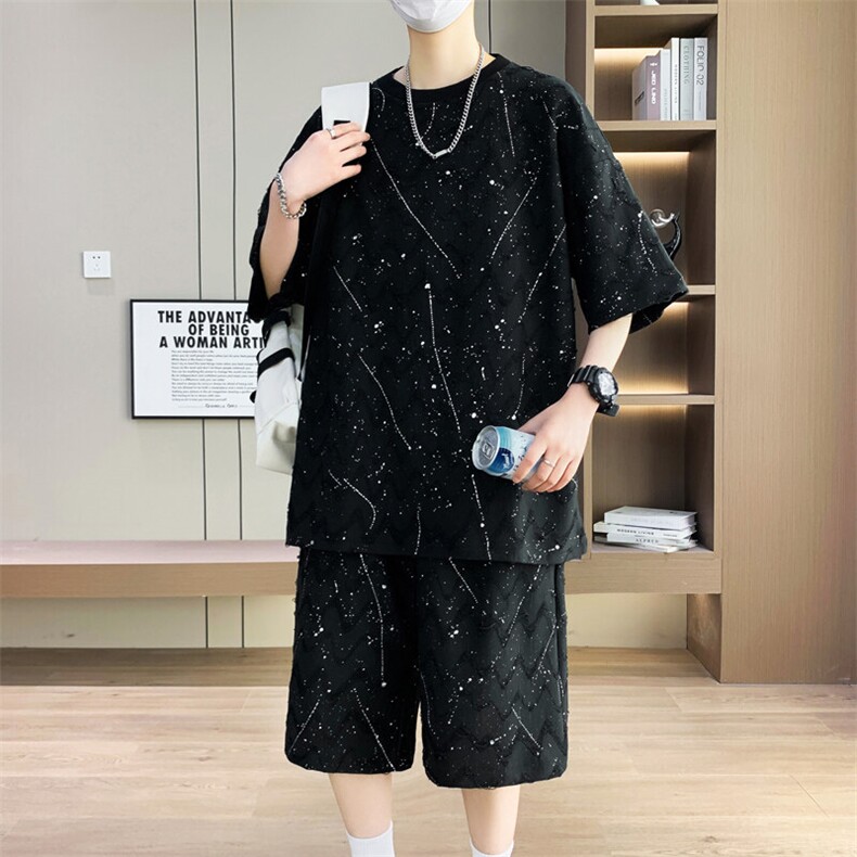 夏季港风套装男宽松满天星短袖T恤短裤休闲套装TZ6631-P55,男装牛仔裤,星座310B-3