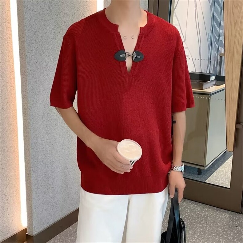 夏季个性短袖T恤男皮扣设计V领高级感红色薄款针织小众痞帅B201,男装T恤,星座1013