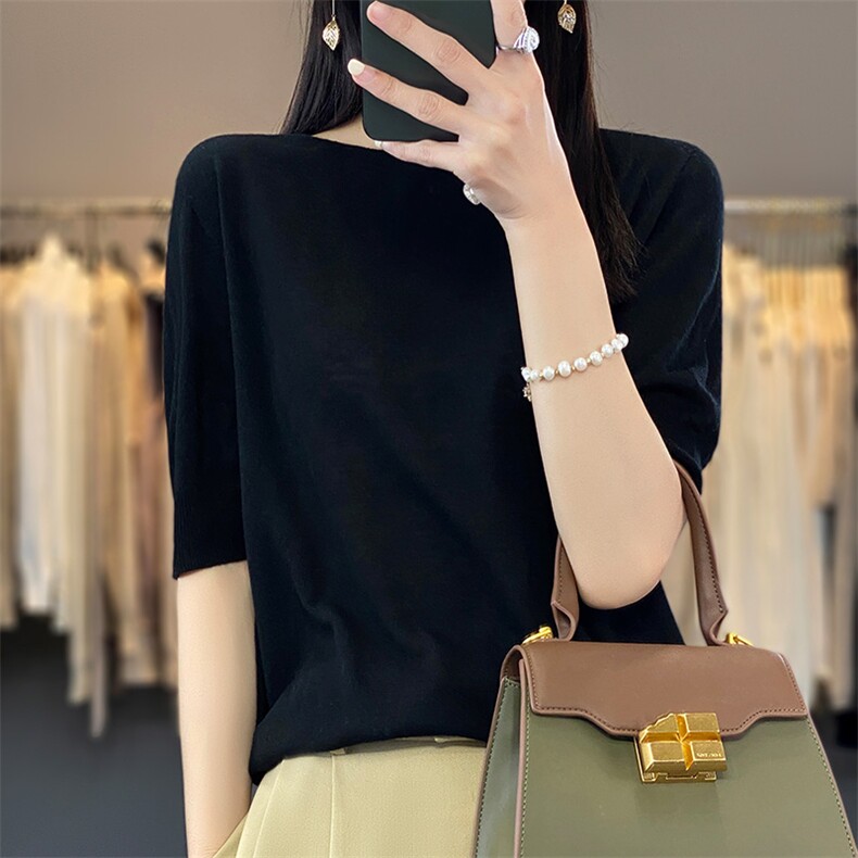 短袖针织衫女薄款夏短款宽松外穿上衣纯色半袖打底小衫图片
