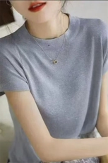 天丝短袖女夏季新款圆领冰丝针织衫上衣宽松薄款显瘦亮丝t恤夏装，女装T恤，萱芳婷羊绒