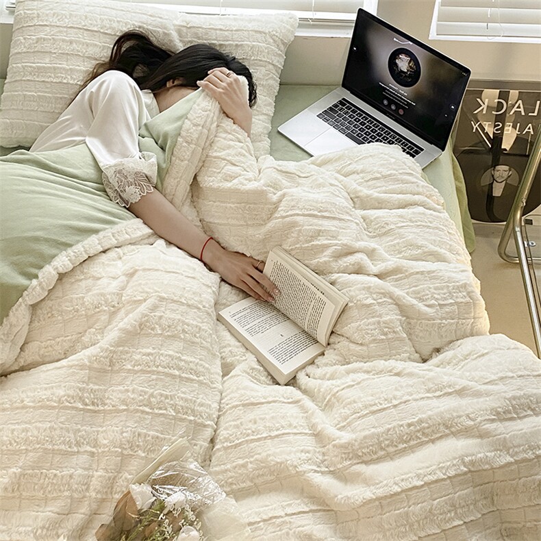 新款A类兔毛绒獭兔绒双拼保暖四件套，床品套件，一起卖家纺