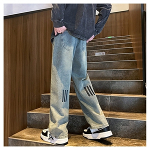 k1073-p55-控78 M-5XL 现货宽松cleanfit牛仔裤马丁靴黑暗拼接图片