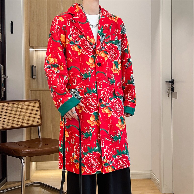 Y001男士中长款休闲风衣外套东北大花帅气大衣潮大码新中式团队服,男装风衣,星座115A(原星座507）