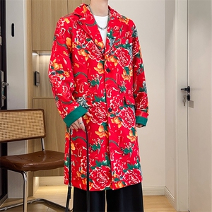 Y001男士中长款休闲风衣外套东北大花帅气大衣潮大码新中式团队服图片