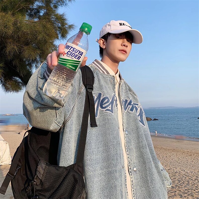 男春季长袖棒球领单排扣宽松潮流牛仔夹克潮百搭J2176P78图片