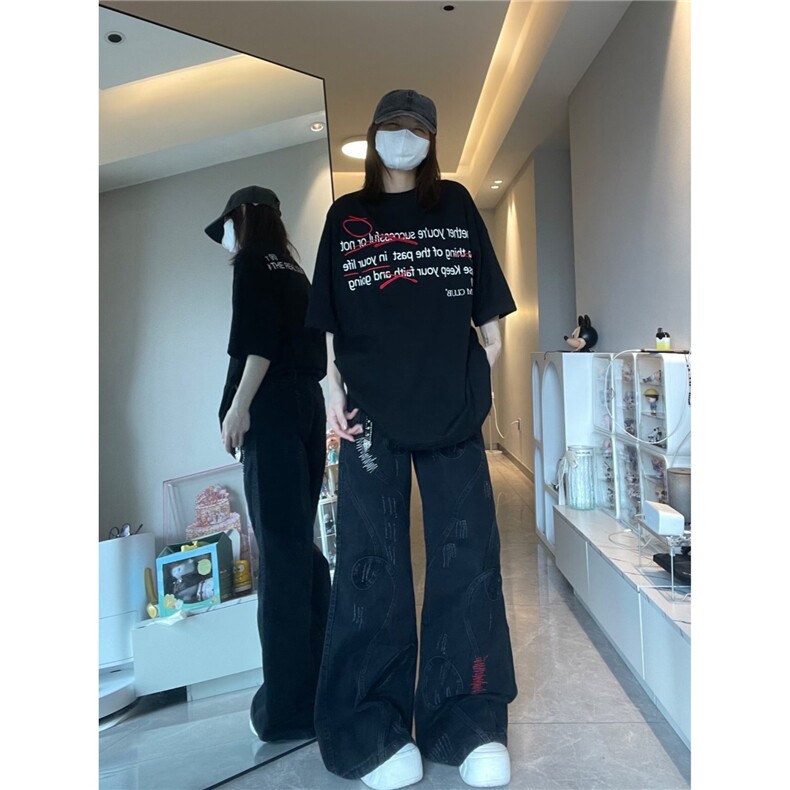 美式复古刺绣拼接亚比做旧微喇牛仔裤男女重工小众拖地阔腿长裤子,男装牛仔裤,星座813-2