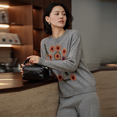 油画风绣花~100纯山羊绒衫宽松加厚女毛衣2025秋冬新圆领针织上衣，女装羊绒衫，绒知纯羊绒