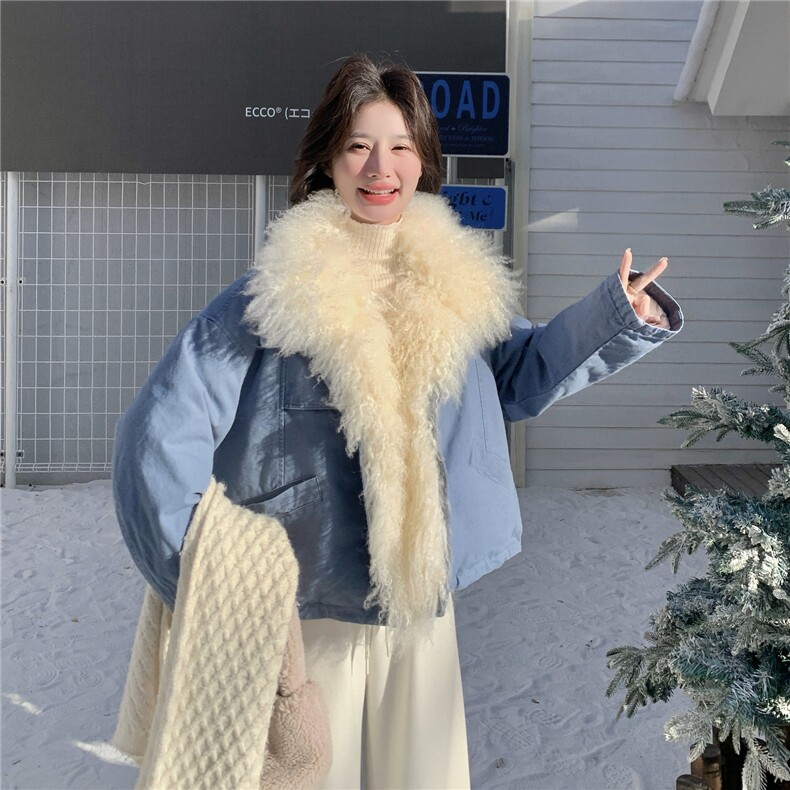 蓝色大毛领派克羽绒服女2025冬季新款设计感清新小个子加厚外套,女装羽绒服,艾米莉亚