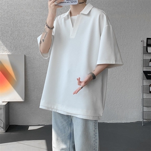 8XL-M假两件V领短袖t恤男夏翻领半袖宽松重磅华夫格大码DT001P40图片