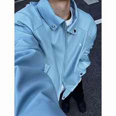 档口现货~春季冰川蓝短款垫肩PU皮衣夹克翻领外套男JK2577批90，男装夹克，星座1004-6