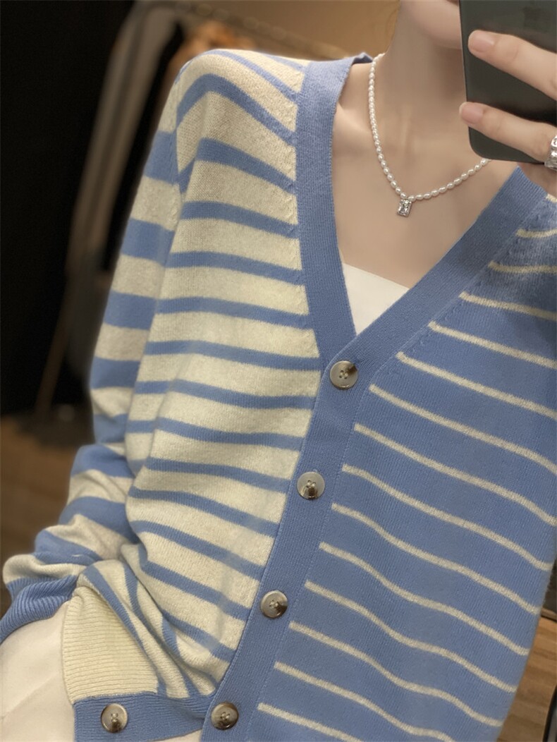 时尚百搭橙白条纹女士羊毛开衫显瘦V领长袖针织衫,女装羊毛衫,莺澜羊绒