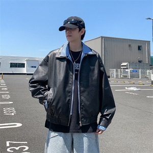 格纹假两件翻领皮衣夹克男ins高街潮牌原宿风宽松夹克JK093-P85图片