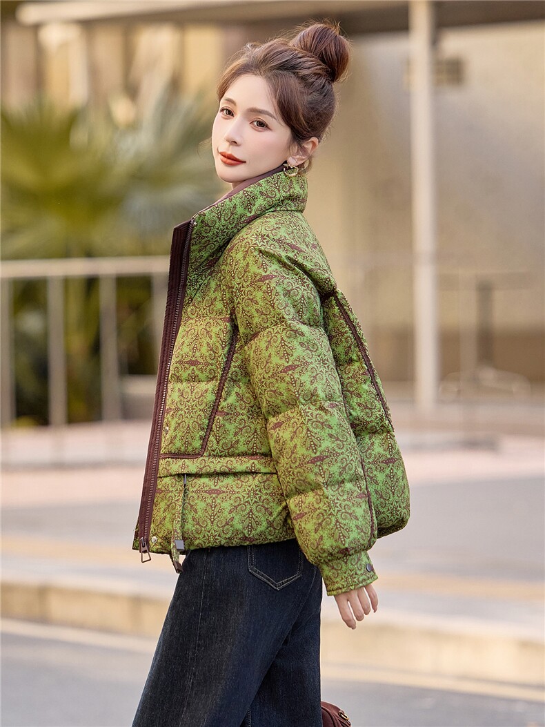 90绒白鸭绒羽绒服女2025冬季新款印花复古优雅加厚保暖,女装羽绒服,余墨