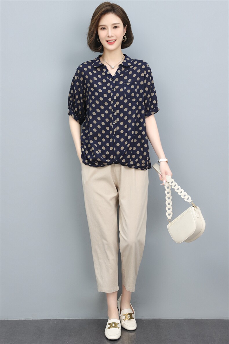 短袖套装女夏装2022新款韩版气质波点套头上衣休闲九分裤潮,女装套装/套裙,奕阳依阁