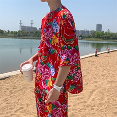 TZ340男士春夏风大花套装大码宽松凉爽透气民族风个性外套，男装民族服装，星座115A(原星座507）