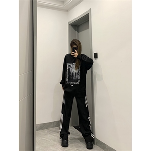 K824-特P33 男女宽松休闲运动休闲裤三条杠直筒拖地裤图片