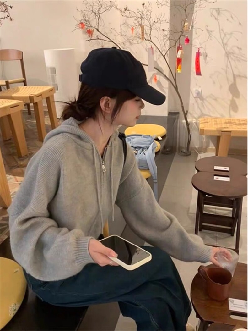 秋冬新款连帽宽松针织外套拉链纯色开衫时尚百搭,针织衫/毛衣,思途羊绒