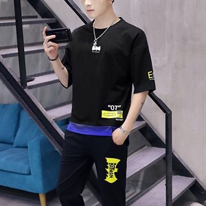 男t恤短袖夏季帅气宽松衣服韩版潮流嘻哈休闲两件一套装YK666-P55图片