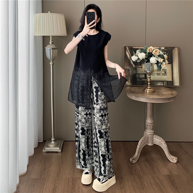 设计感小众时尚气质套装女夏圆领网纱拼接无袖上衣碎花长裤两件套,女装套装/套裙,江南