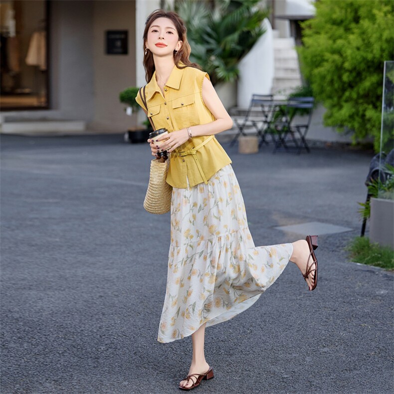 2025超火夏装一整套高级感夏日绝美无袖衬衫碎花半身裙洋气两件套,女装套装/套裙,意芙