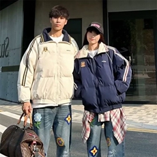 2025冬美式徽章拼接撞色保暖棉服外套冬季情侣休闲加厚面包服棉衣，男装棉衣，星座1210-1